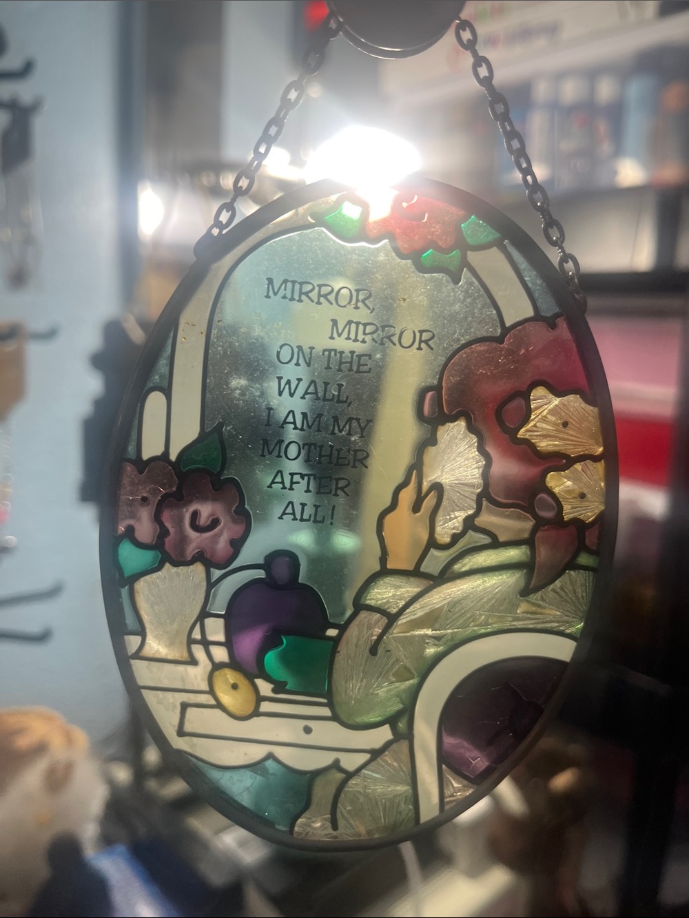 Stained Glass Oval Glass “Mirror Mirror… “ cute picture of a mother.. 655